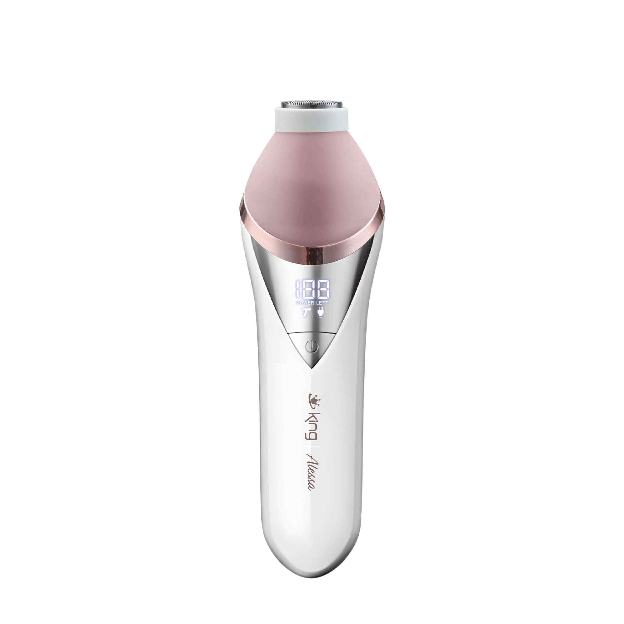 Beyaz arkaplanda LED ekranlı ve pembe altın detaylı, beyaz ve pembe renkli elektrikli epilatör.