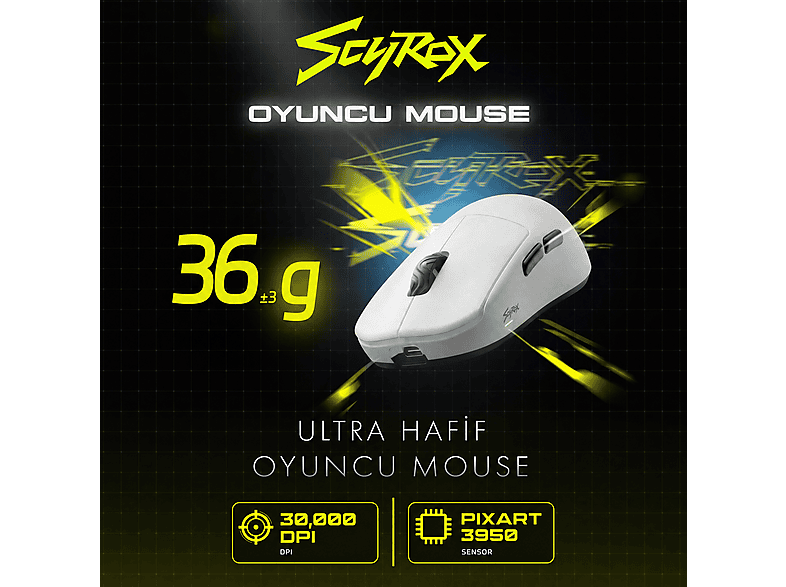 SCYROX V8 8k Hz Pixart 3950 Sensör Kailh Optik Switch Simetrik Kablosuz Oyuncu Mouse Beyaz