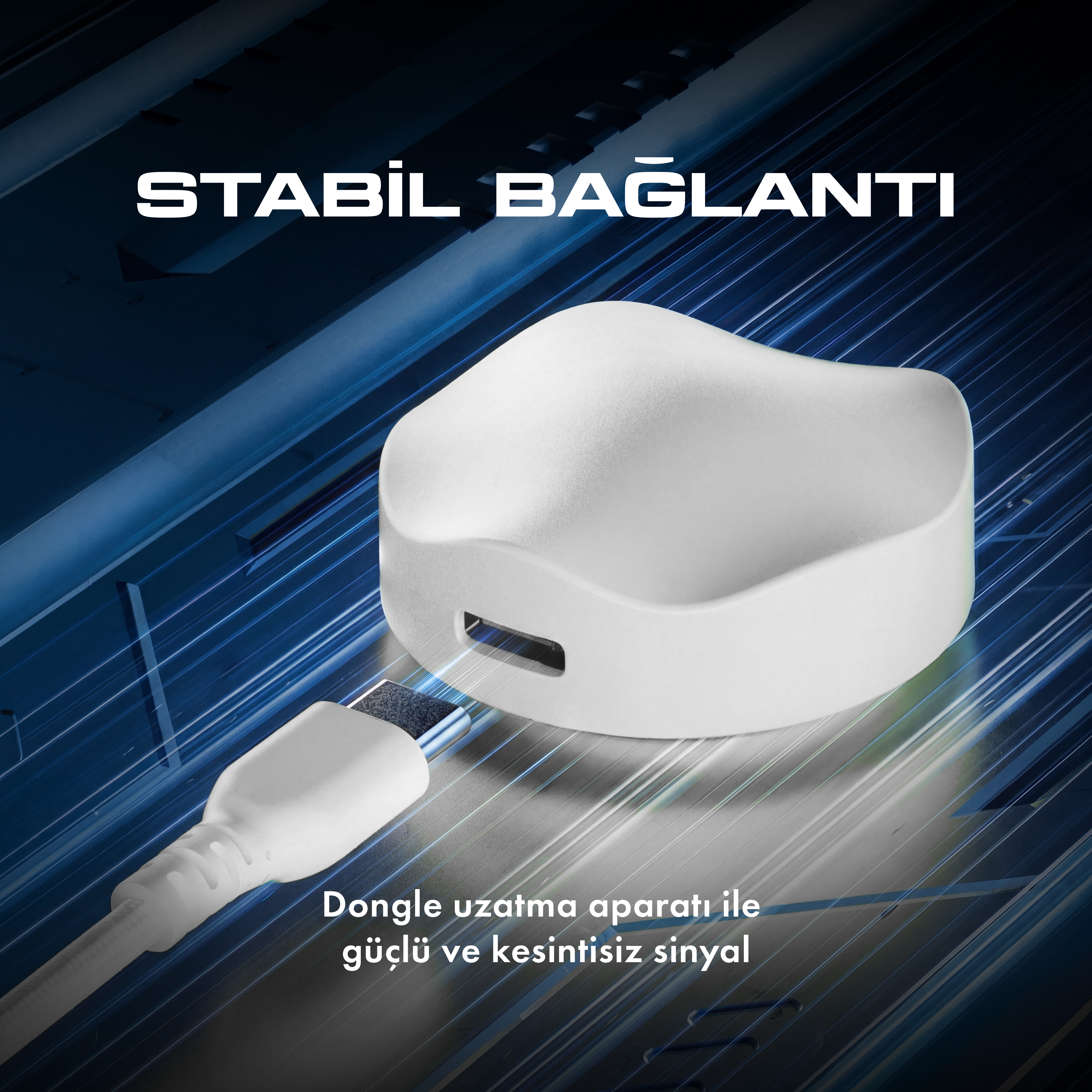 Mavi teknoloji arka planında beyaz kablosuz dongle adaptörüne takılan beyaz USB-C kablosu.