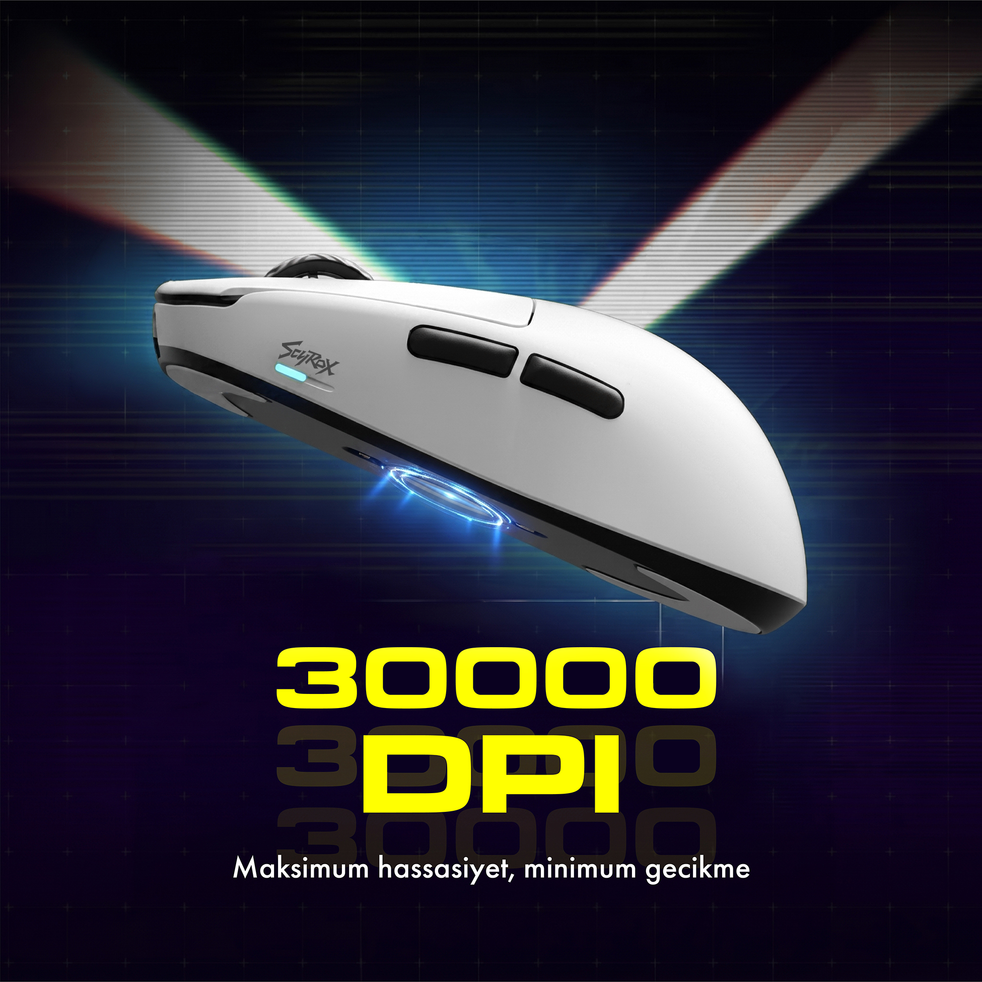 Koyu arka planda 30000 DPI yazılı beyaz oyuncu faresi.