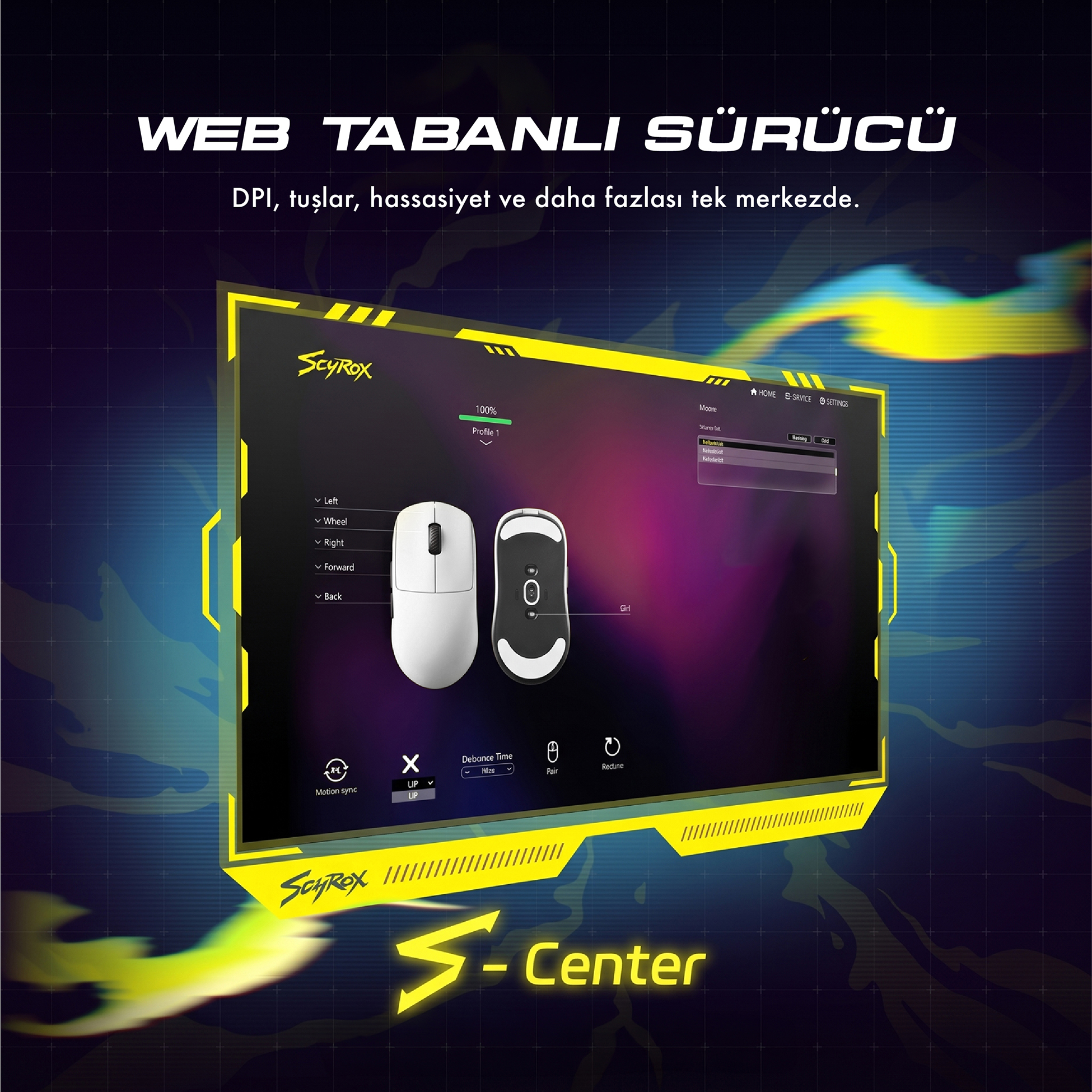 Beyaz oyuncu fareleri için ayarları gösteren Scyrox S-Center web uygulaması.
