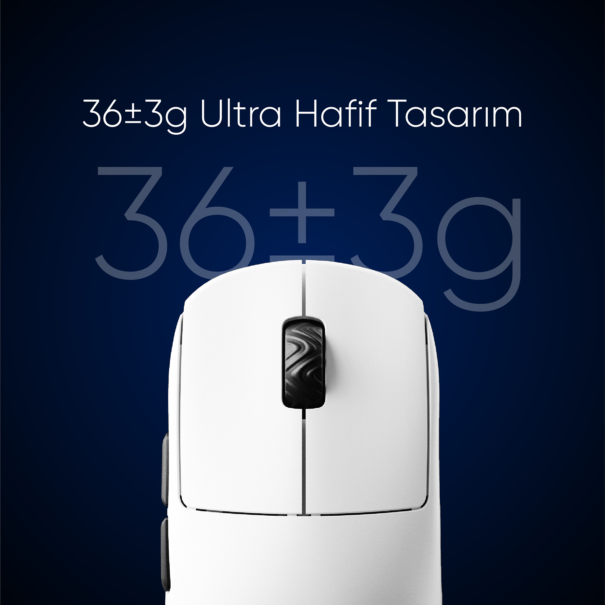 Koyu arka plan önünde beyaz bilgisayar faresi ve 36+-3g Ultra Hafif Tasarım yazısı.