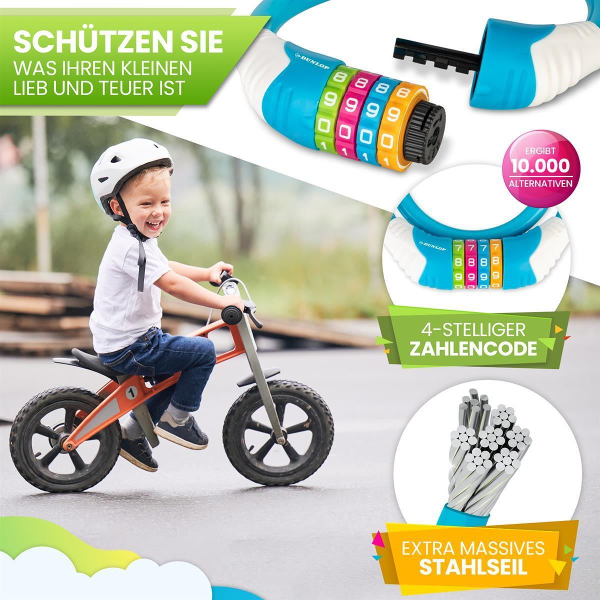 Kleinkind mit Helm fährt Laufrad, daneben Dunlop Zahlenschloss und Stahlseil.