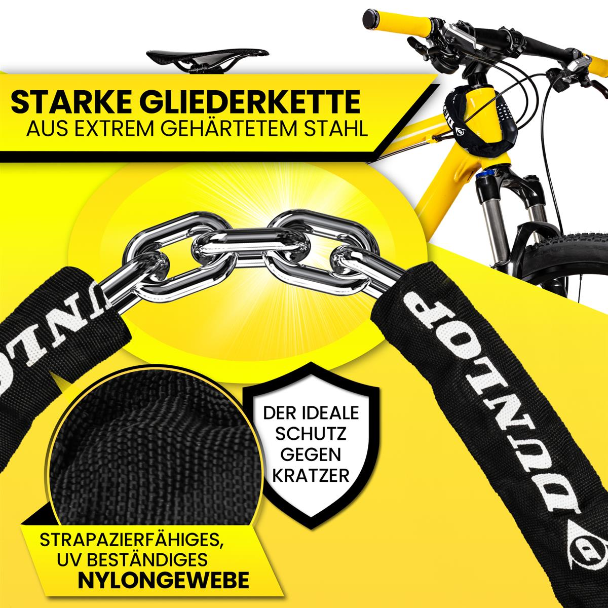 Starke Fahrradkette aus gehärtetem Stahl mit Nylonhülle und deutscher Werbung vor gelbem Hintergrund.