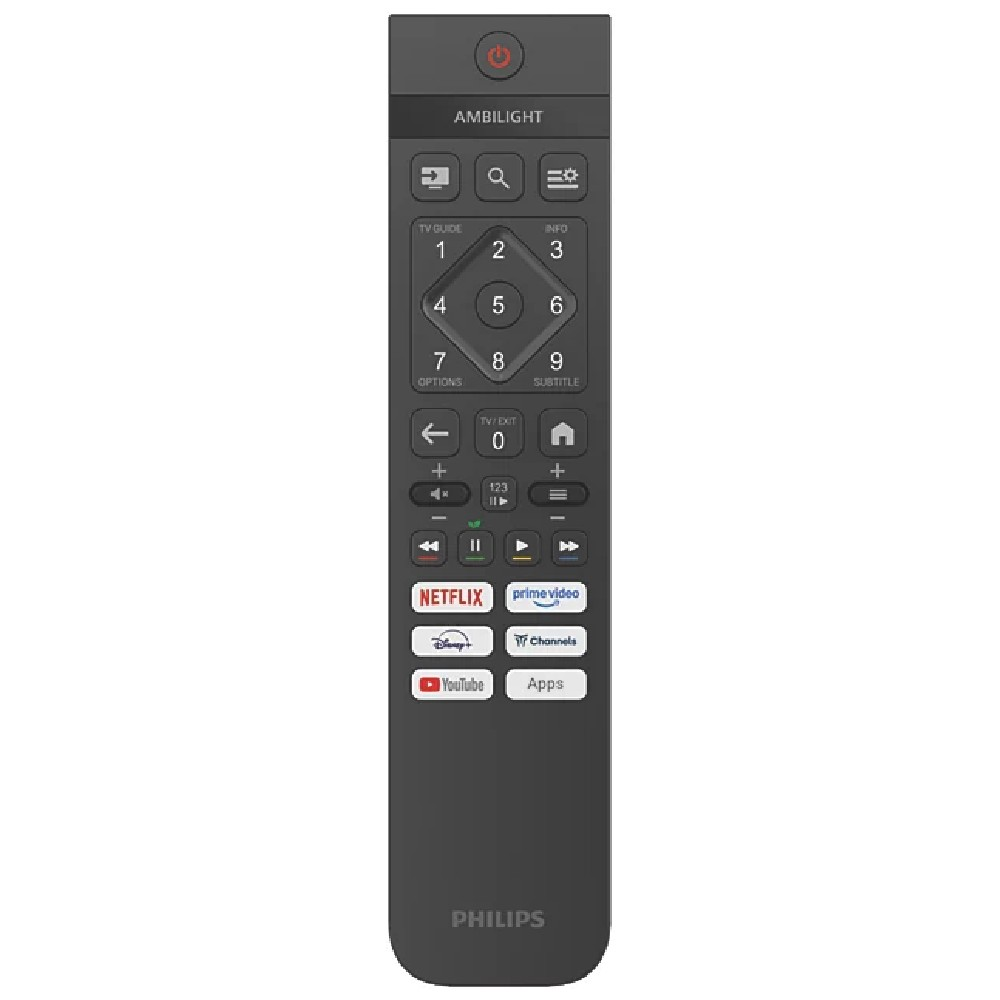 Beyaz arka planda sayı tuşları ve yayın akışı düğmeleri bulunan siyah Philips TV uzaktan kumandası.