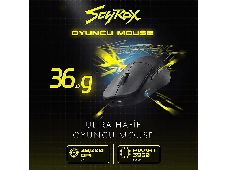 SCYROX V8 PAW3950 3'ü 1 Arada 30.000 Dpi 36GR 8k Kablosuz Oyuncu Mouse Siyah