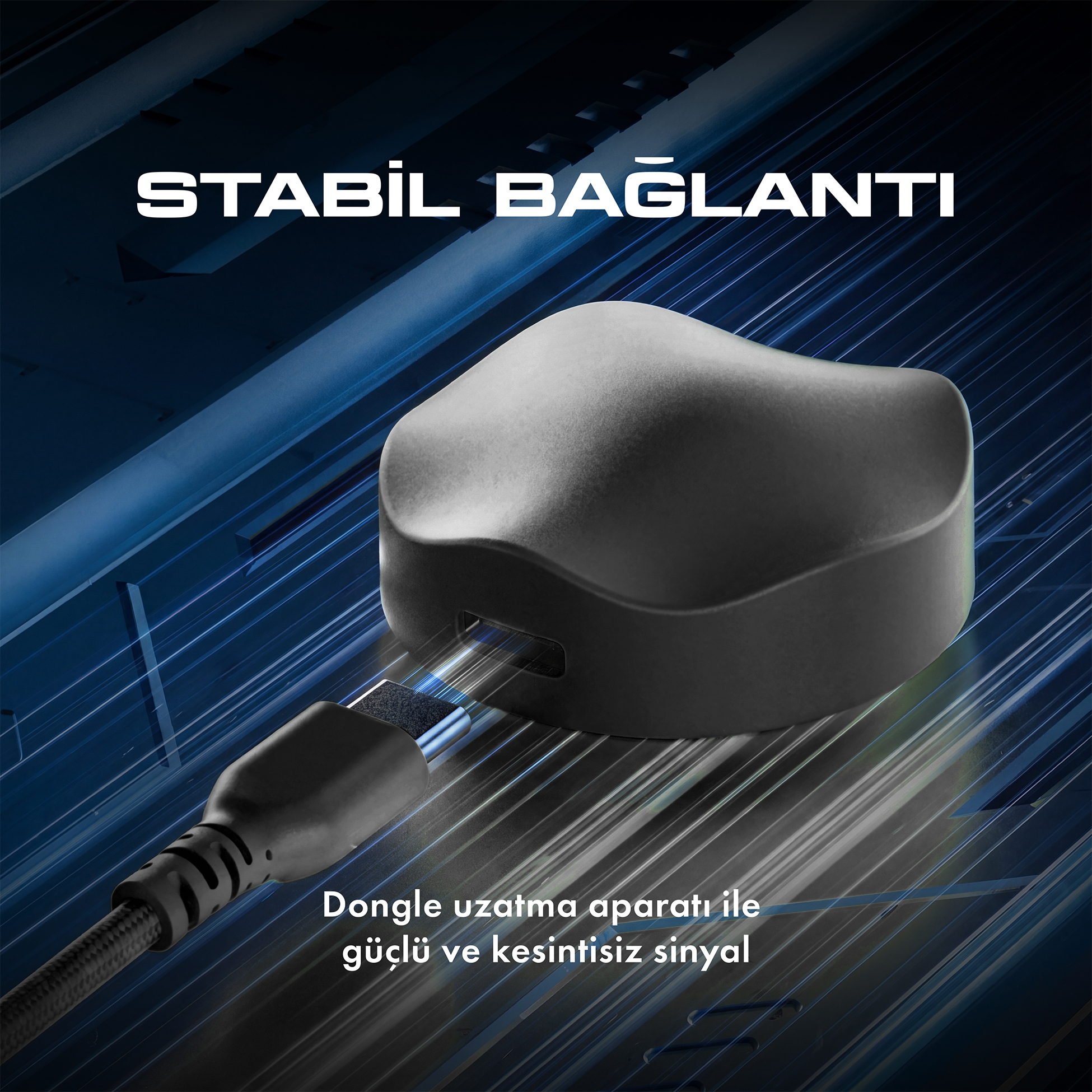 Çizgili mavi arka planda bağlı USB kablosu olan siyah bir dongle.