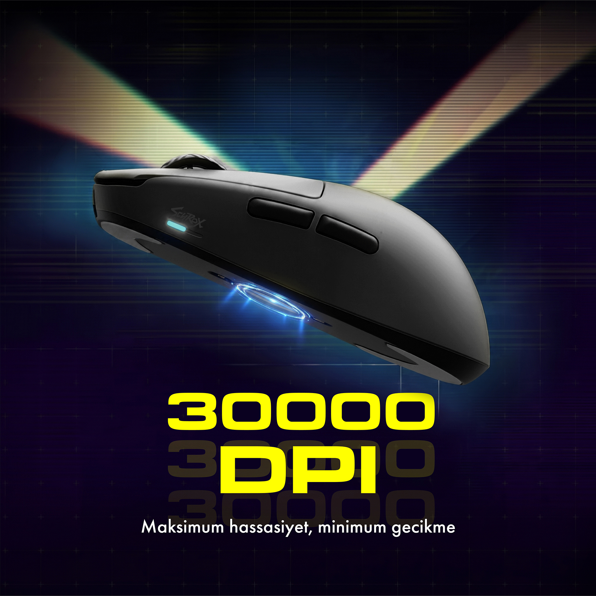 Koyu bir arka plan üzerinde siyah bir oyuncu faresi ve 30000 DPI yazısı yer alıyor.
