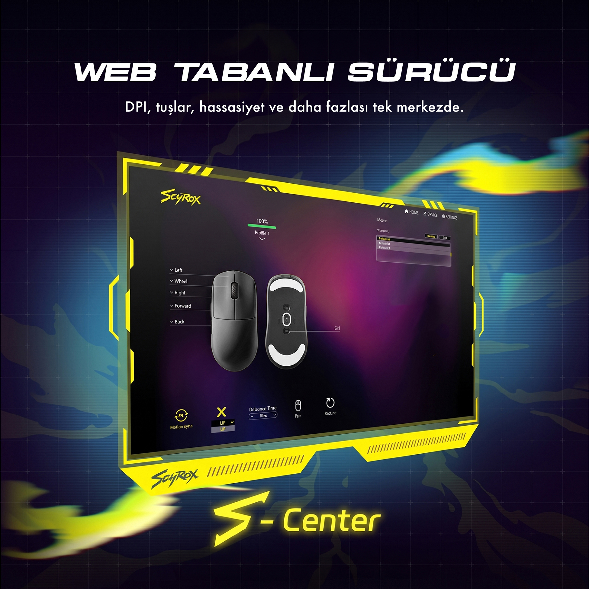 Sarı ve siyah arkaplanda fare yapılandırma ayarlarını gösteren Scyrox S-Center web yazılımının ekran görüntüsü.