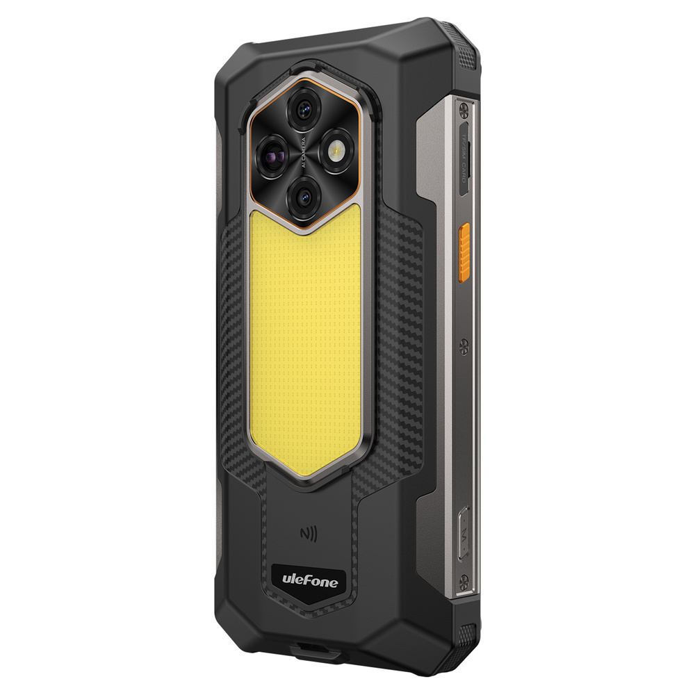 Smartphone resistente en negro y gris con un panel amarillo y cuatro cámaras en la parte trasera.