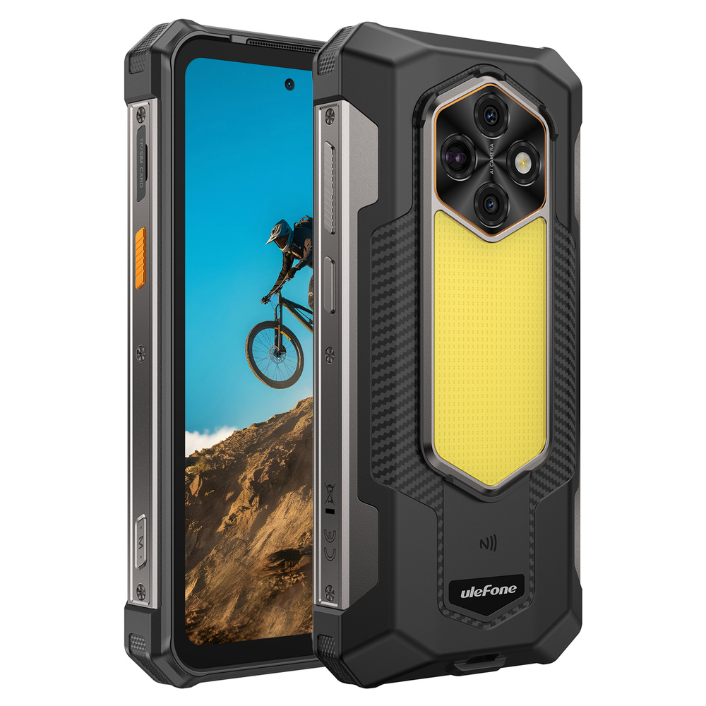 Un smartphone resistente Ulefone con triple cámara y panel amarillo en la parte trasera.
