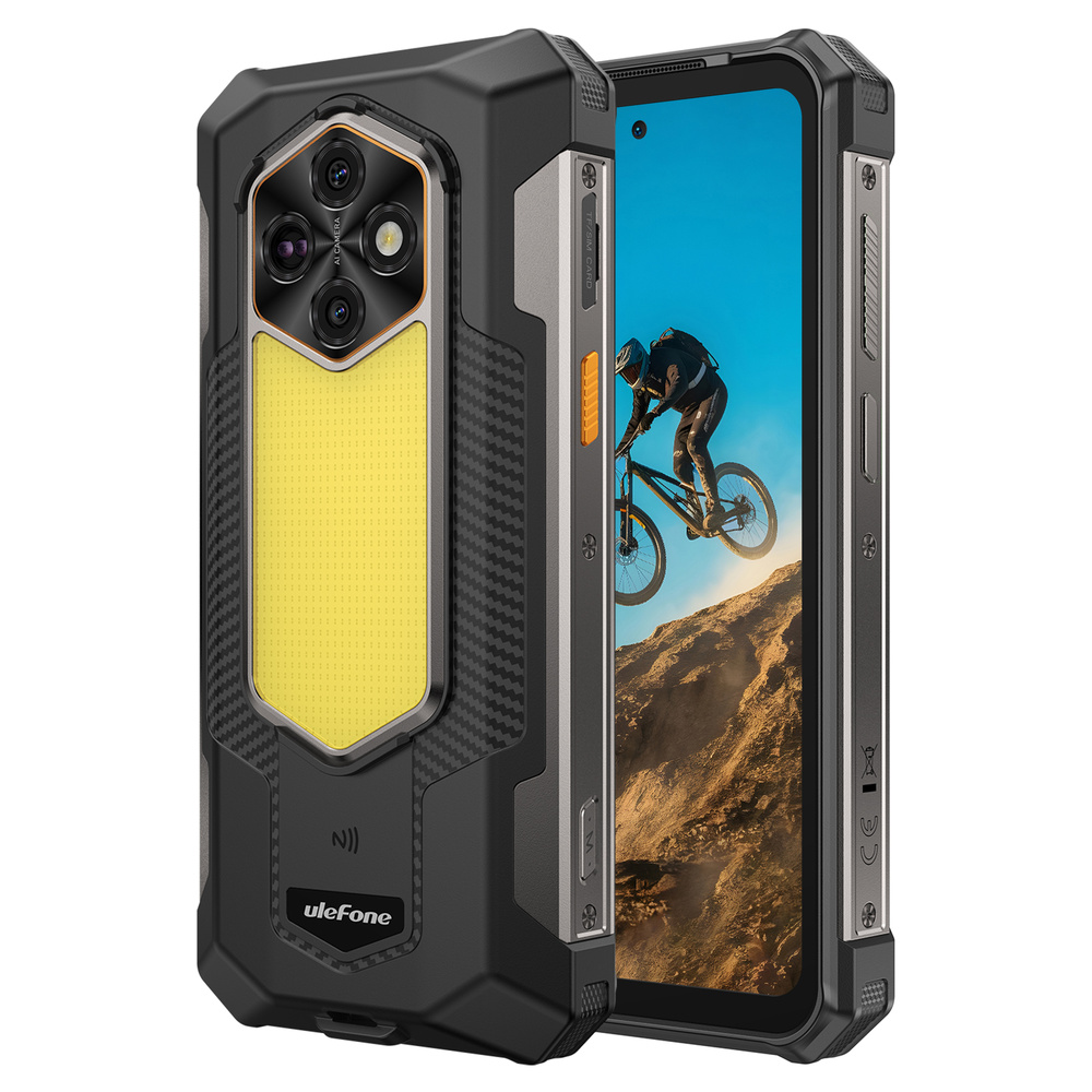 Smartphone Ulefone negro resistente con inserción amarilla y triple cámara, la pantalla muestra un ciclista de montaña.