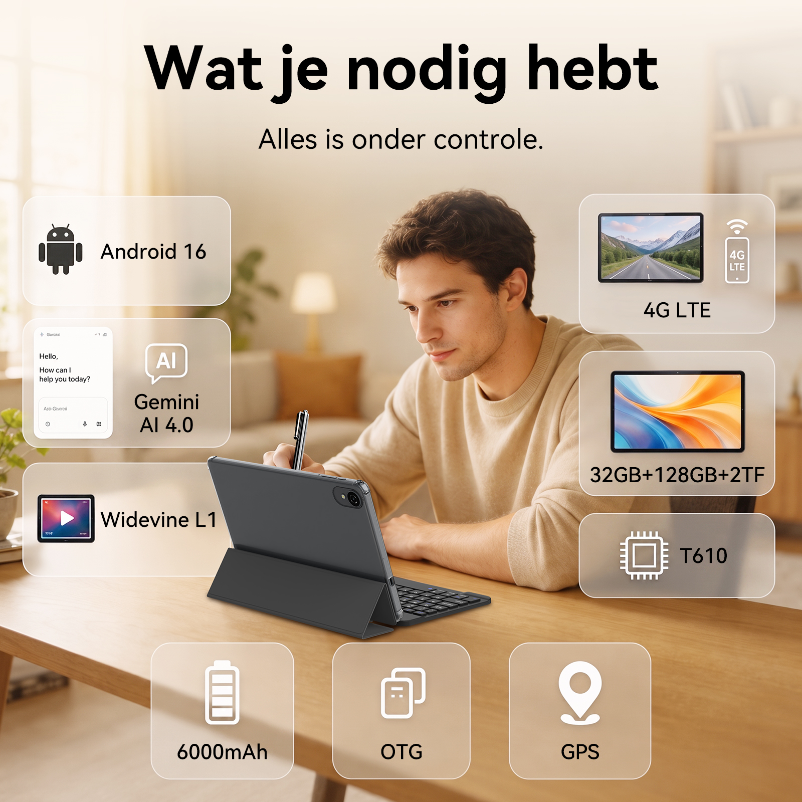 A man uses a tablet with a stylus at a wooden desk, surrounded by feature icons.