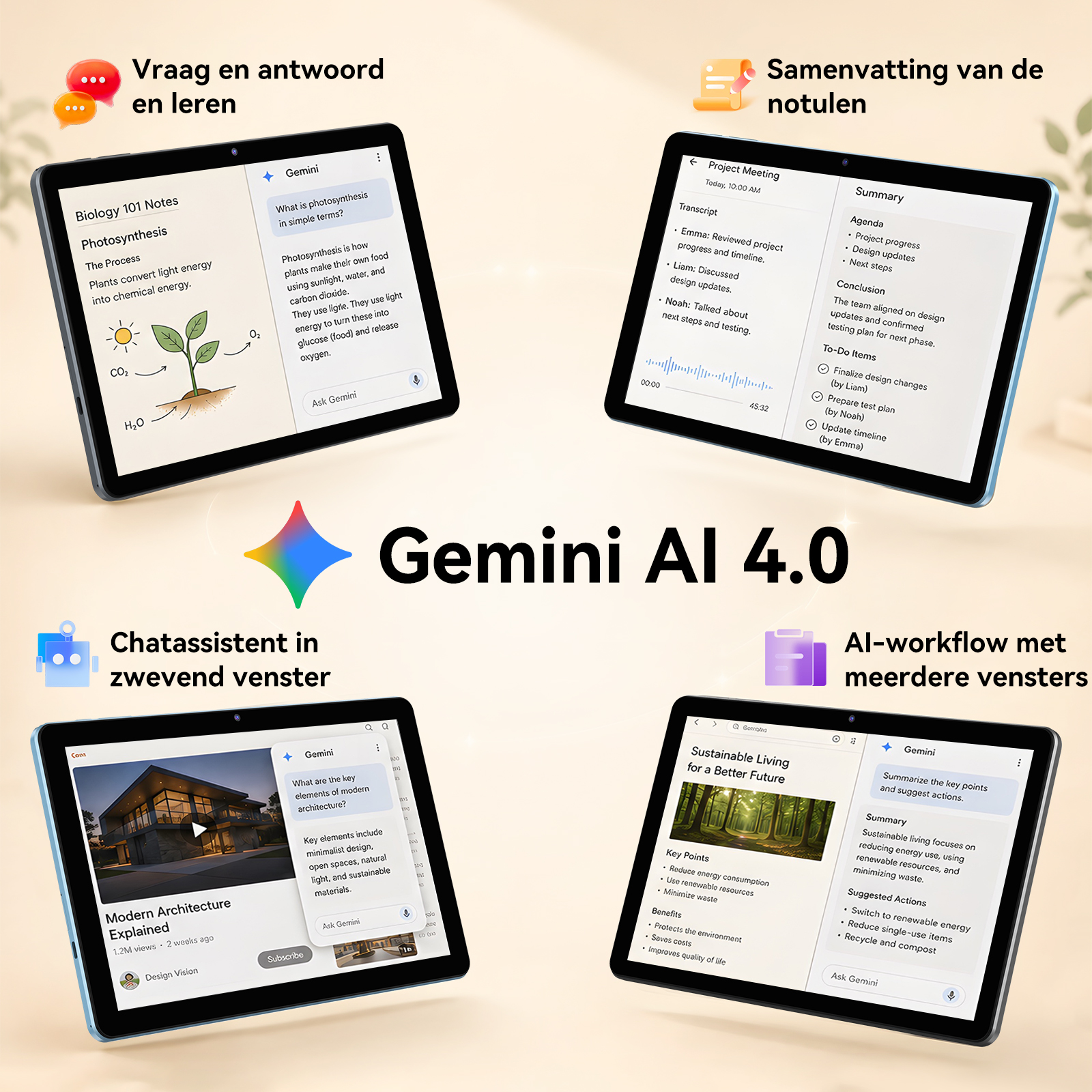 Gemini AI 4.0 displayed on four tablets showing notes, summaries, chat assistant, and workflow features.