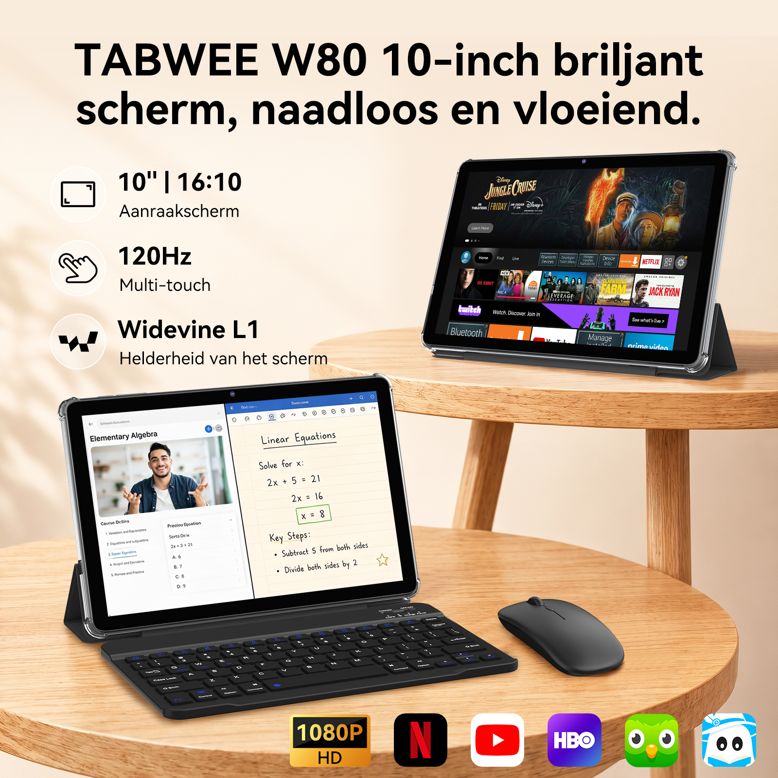 TABWEE W80 tablet with 10-inch screen, keyboard, mouse, and streaming app icons.