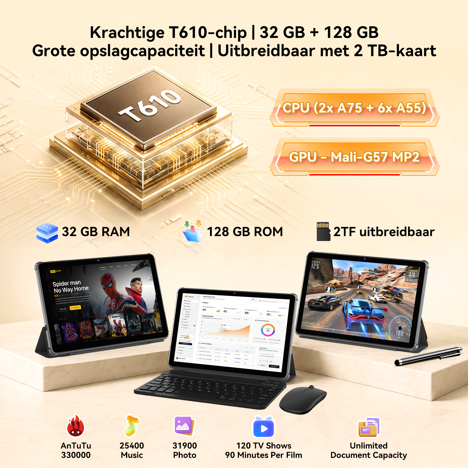 Tech specs and three tablets with T610 chip, 32GB RAM, 128GB ROM, and accessories.