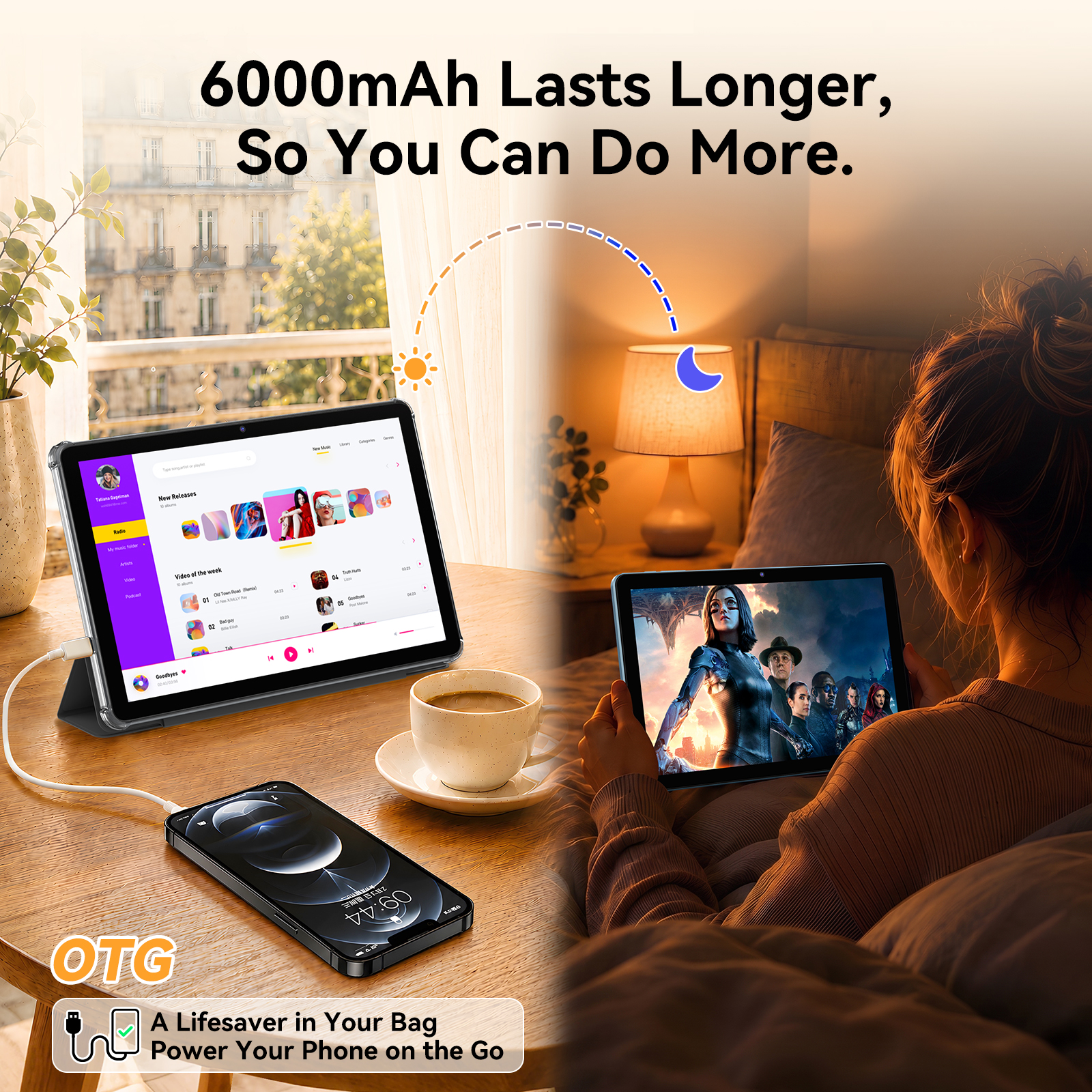 A split image shows a tablet and coffee by day and a woman in bed with a tablet at night.
