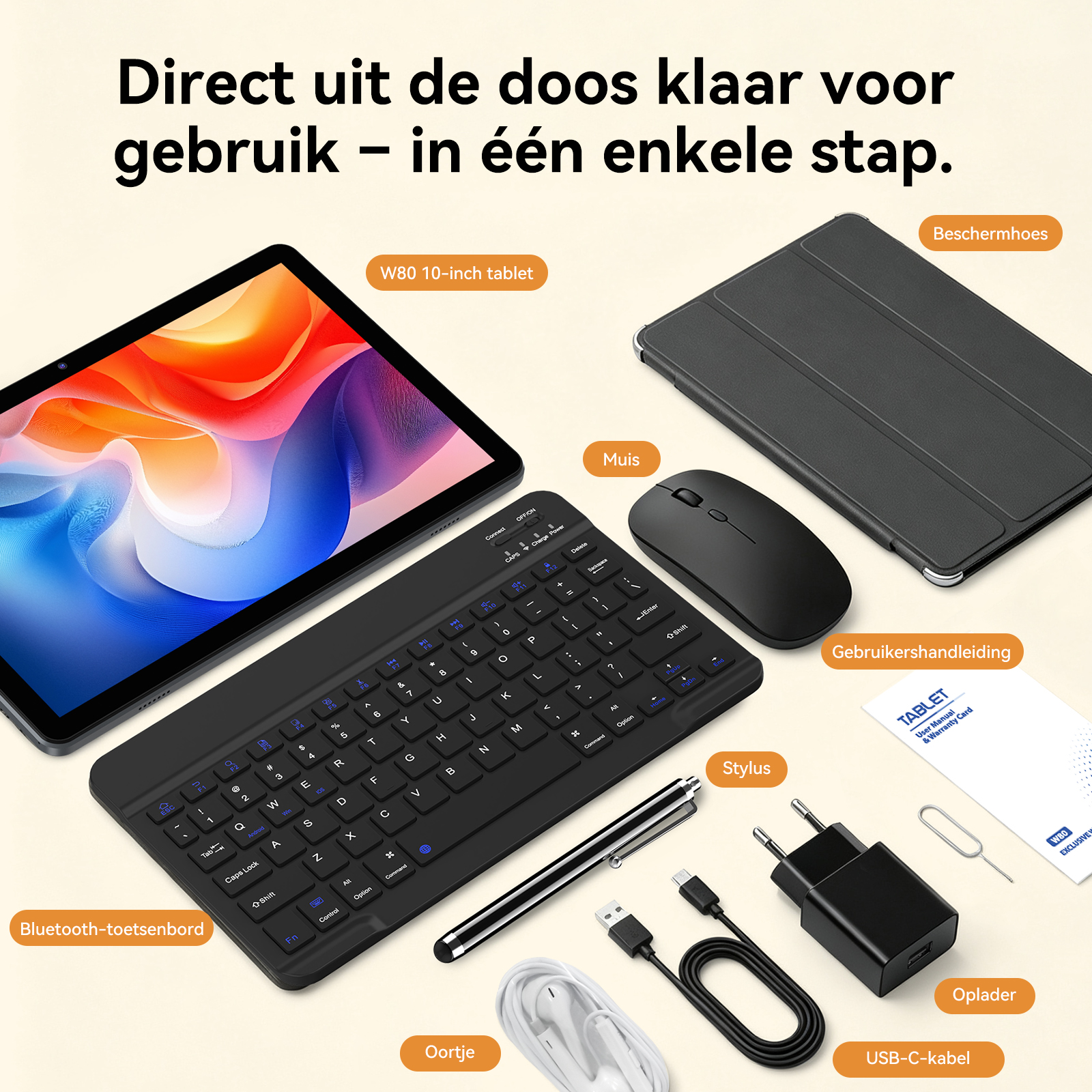 A tablet set with keyboard, mouse, case, stylus, charger, cable, earphones, and manual.