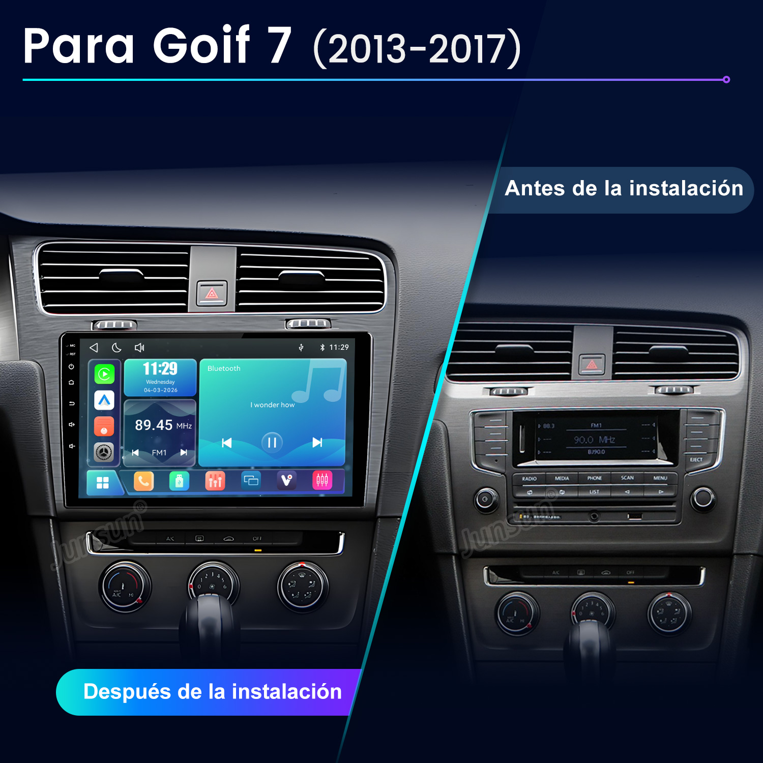 Comparación de dos tableros de VW Golf 7 antes y después de instalar una radio táctil moderna.