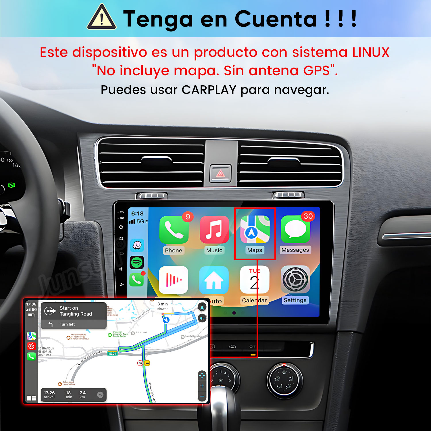 Una pantalla carplay en un coche con iconos de aplicaciones y advertencia de sistema Linux sin GPS.