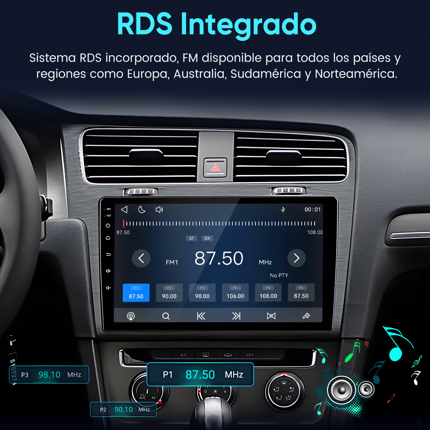 Una pantalla táctil de audio para auto con RDS integrado muestra la frecuencia 87.50 MHz.