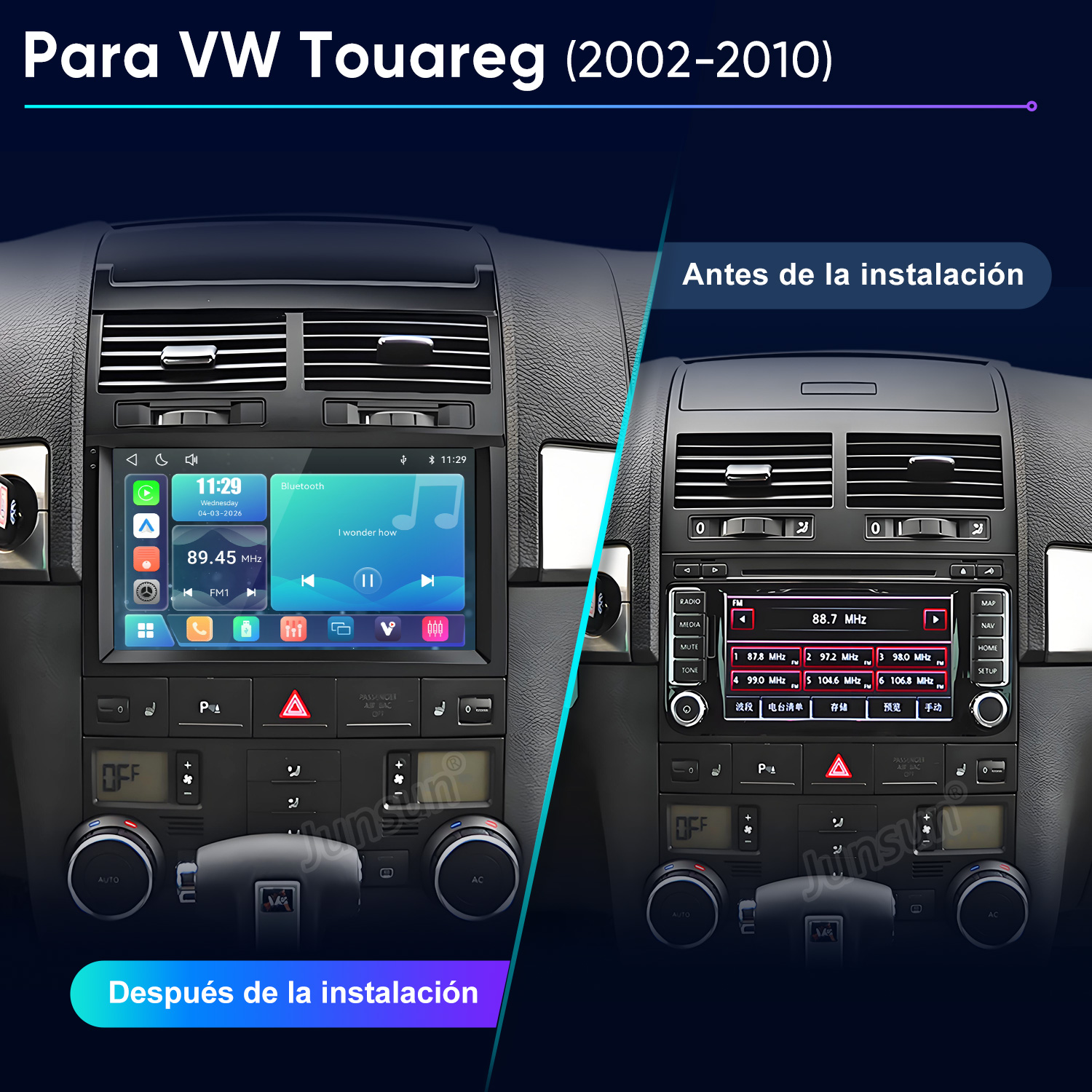 Comparación del salpicadero de un VW Touareg antes y después de instalar una nueva pantalla táctil.