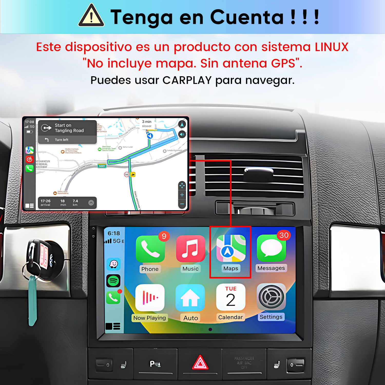 Una pantalla de infoentretenimiento de coche muestra Apple CarPlay con aplicaciones y mapas.