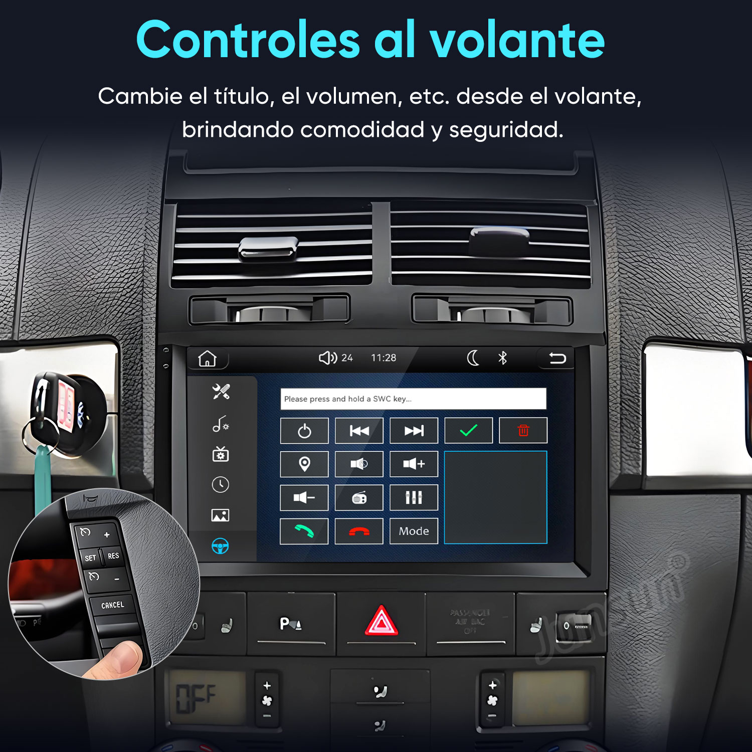 Una pantalla de audio para coche y controles en el volante en el salpicadero.