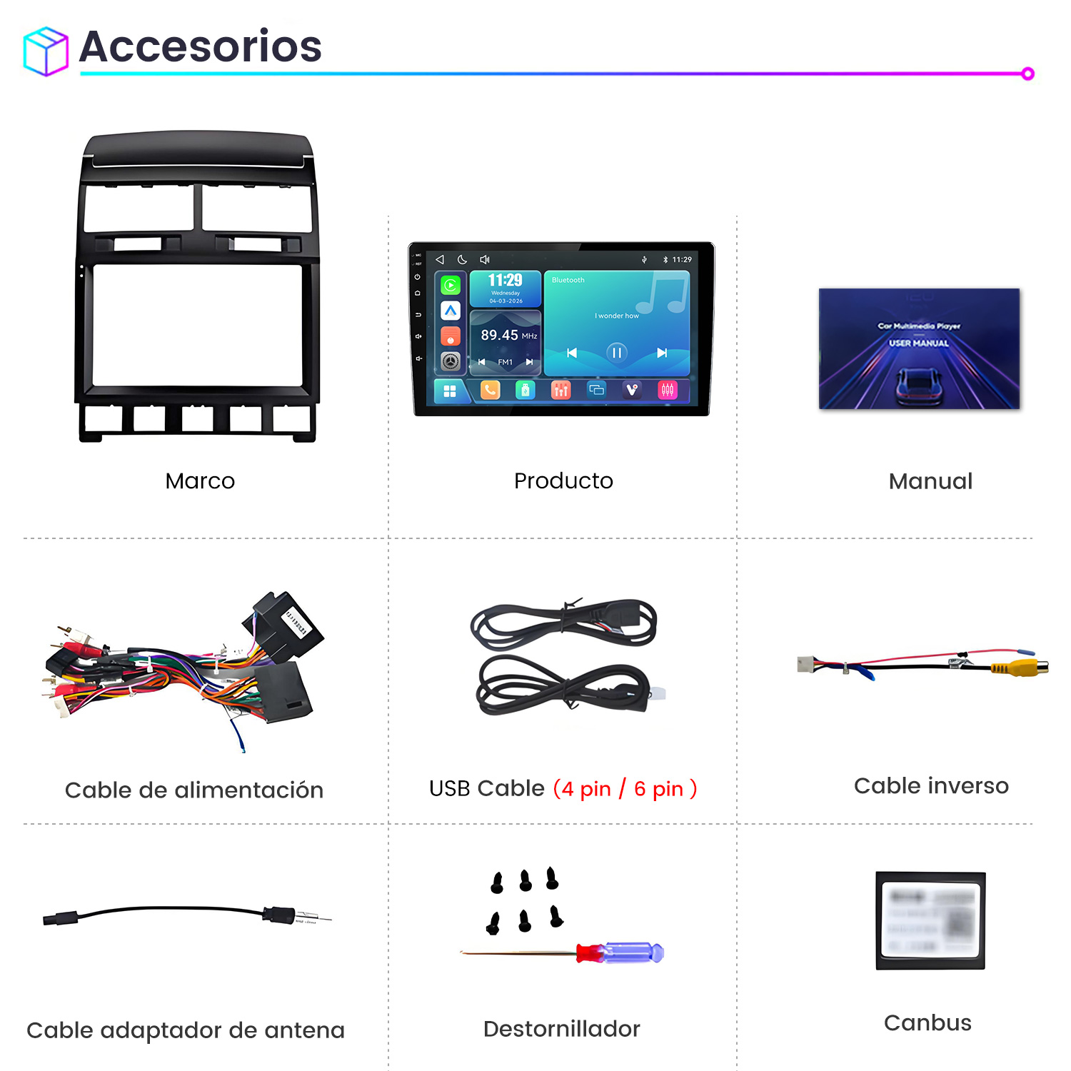 Cuadrícula de accesorios para reproductor multimedia de coche con marco negro, pantalla, manual, cables y destornillador.