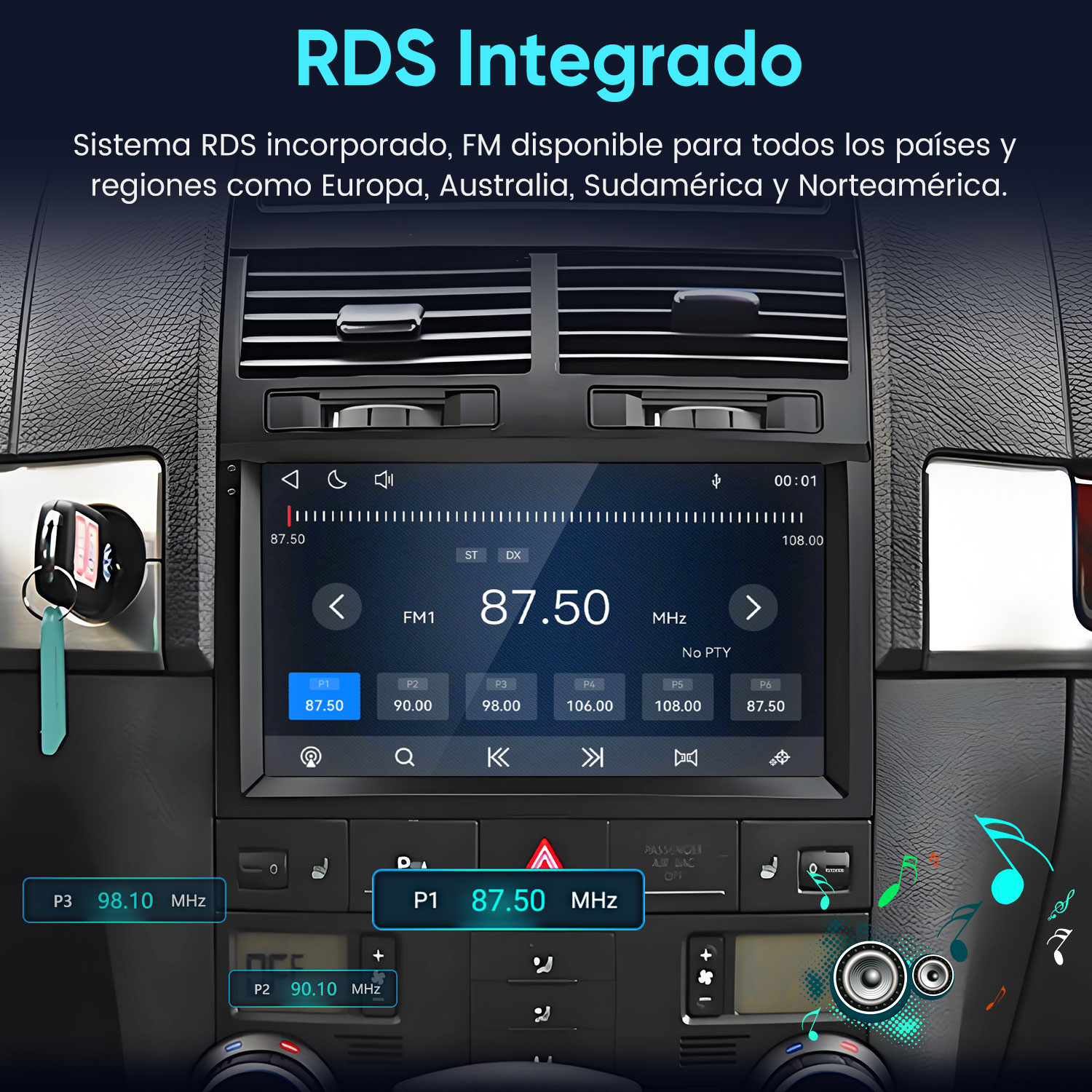 Autoradio con sistema FM RDS y pantalla táctil en una consola.