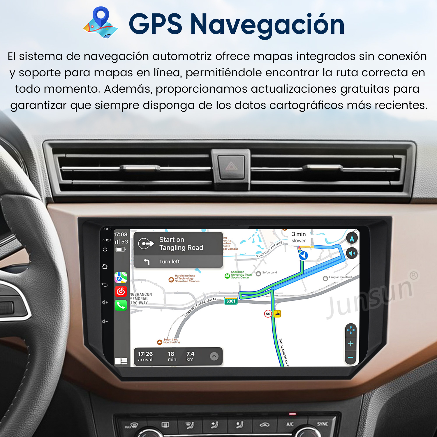 Interior de un auto con pantalla de navegación GPS en el tablero.