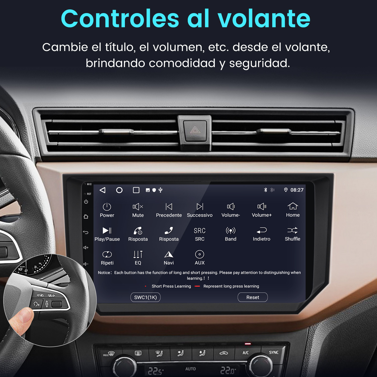 Interior de coche con pantalla táctil y detalle de los botones del volante.