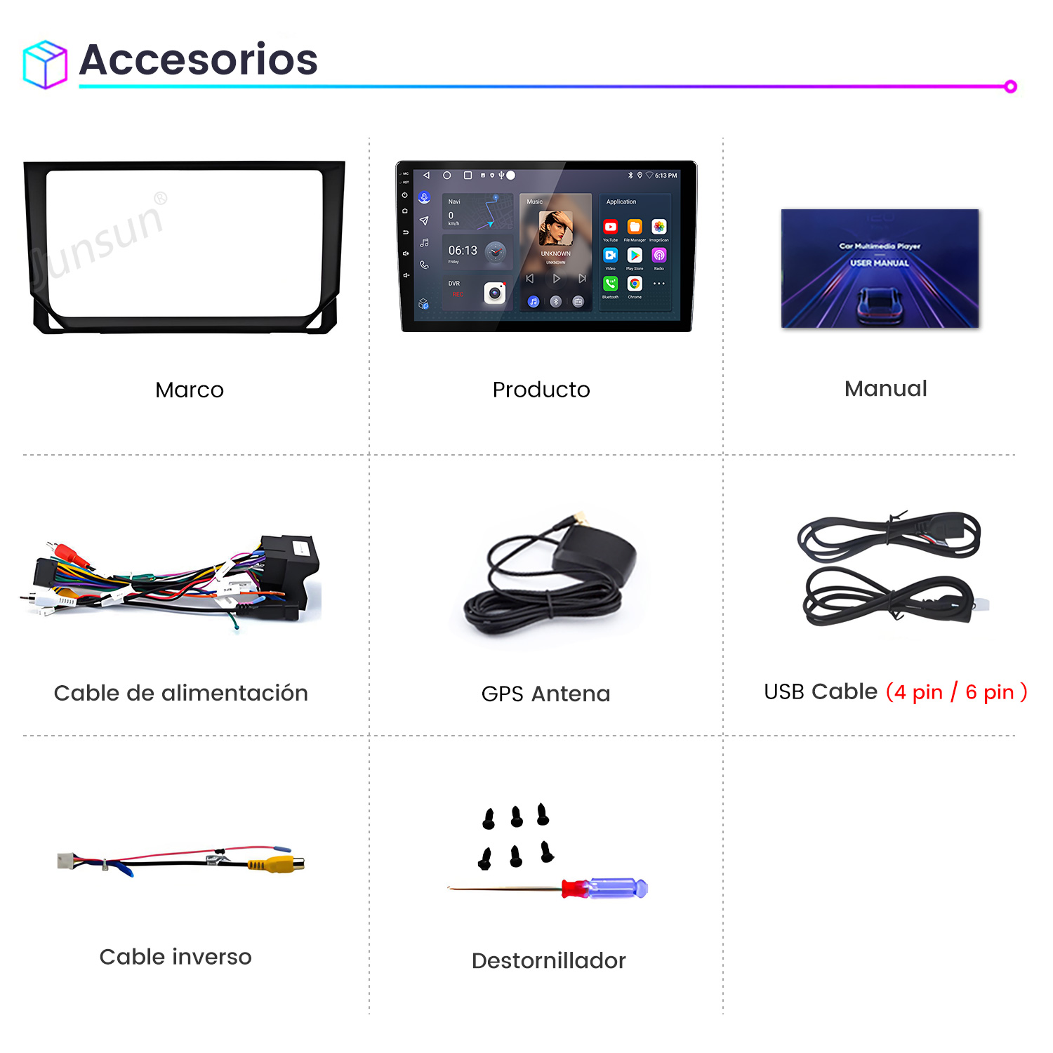 Cuadrícula con accesorios de autorradio como marco, pantalla, manual, cables, antena GPS y herramientas.