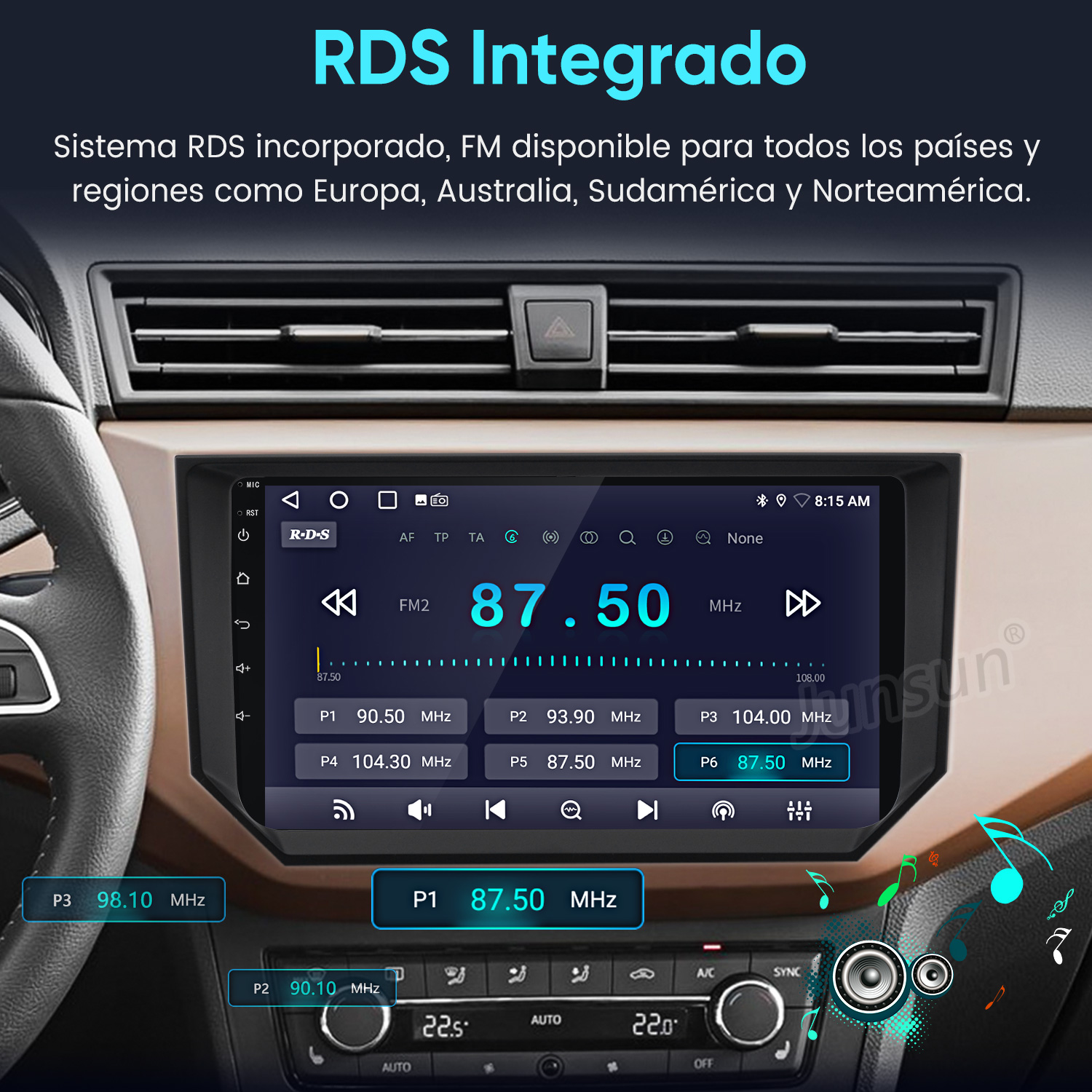 Una pantalla multimedia de coche muestra la frecuencia de radio 87.50 MHz con RDS integrado.
