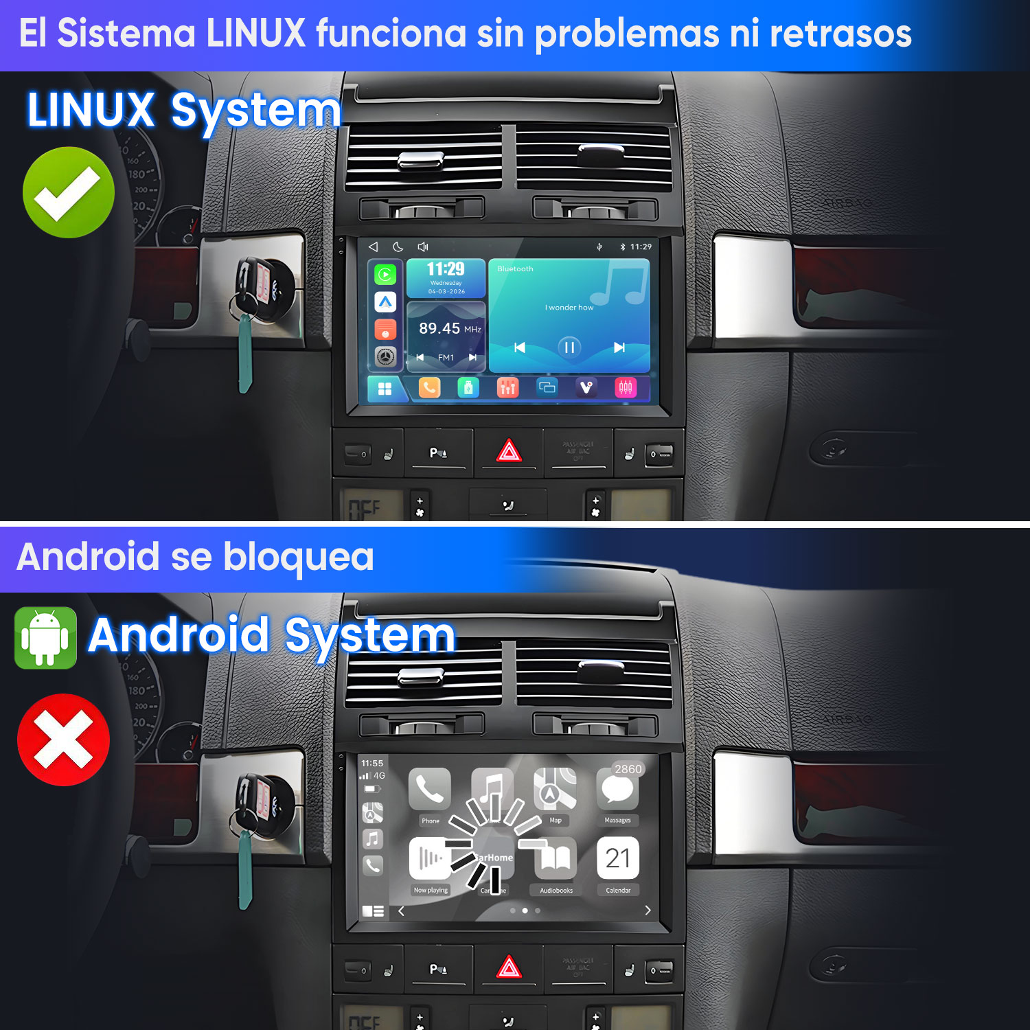 Comparación de dos pantallas de coche: sistema Linux fluido y sistema Android congelado con círculo de carga.