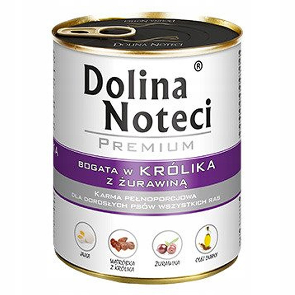 Biało-fioletowa puszka karmy dla psa Dolina Noteci Premium z królikiem i żurawiną.