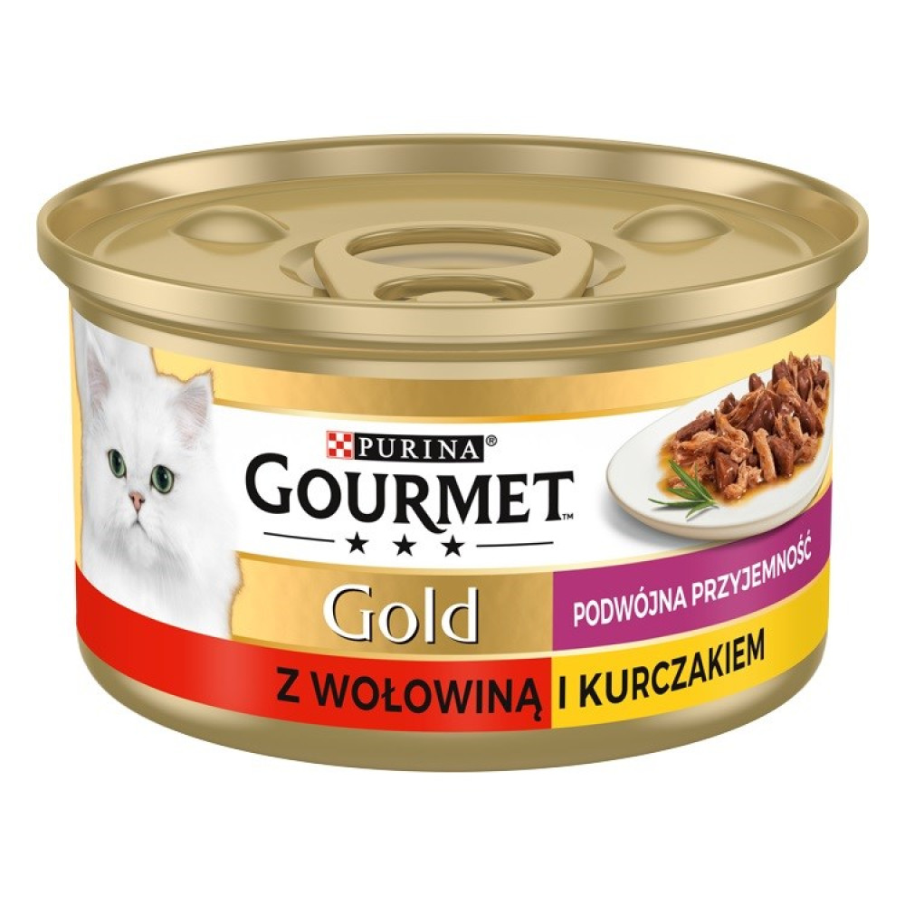 Złota puszka karmy Purina Gourmet Gold z białym kotem i mięsem.