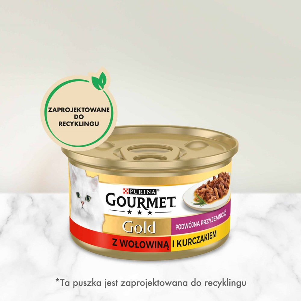 Puszka karm dla kota Purina Gourmet Gold z wołowiną i kurczakiem.