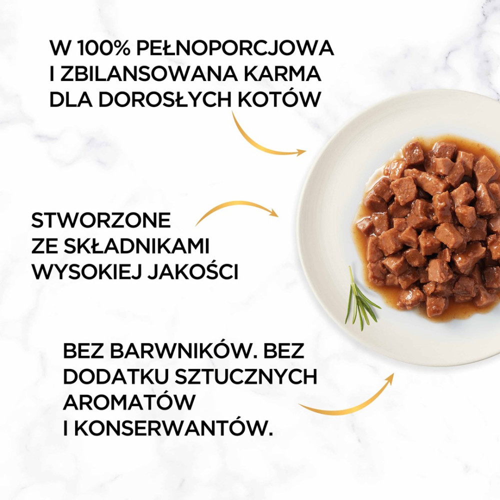 Karma dla kotów w sosie na talerzu z polskim tekstem na białym marmurowym tle.