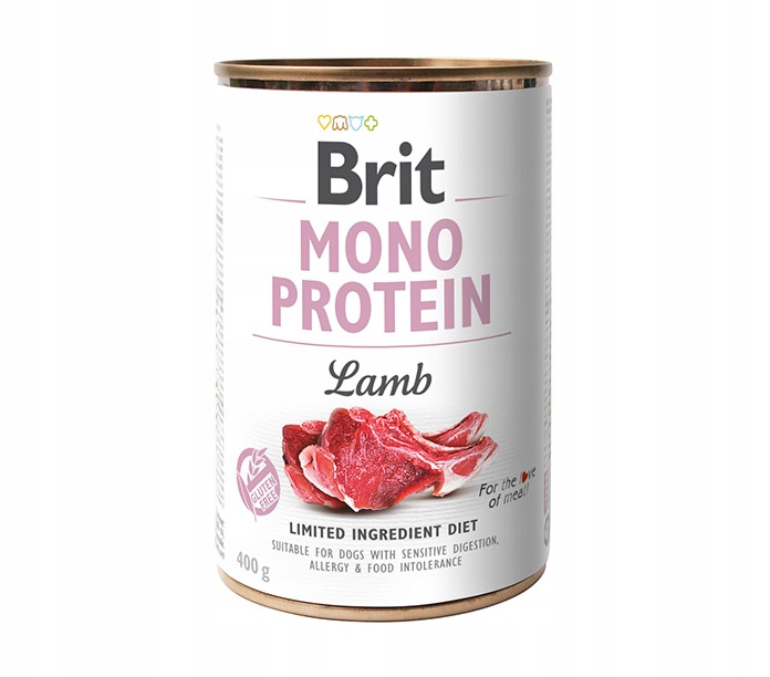 Puszka karmydla psa Brit Mono Protein Jagnięcina z grafiką surowego mięsa.
