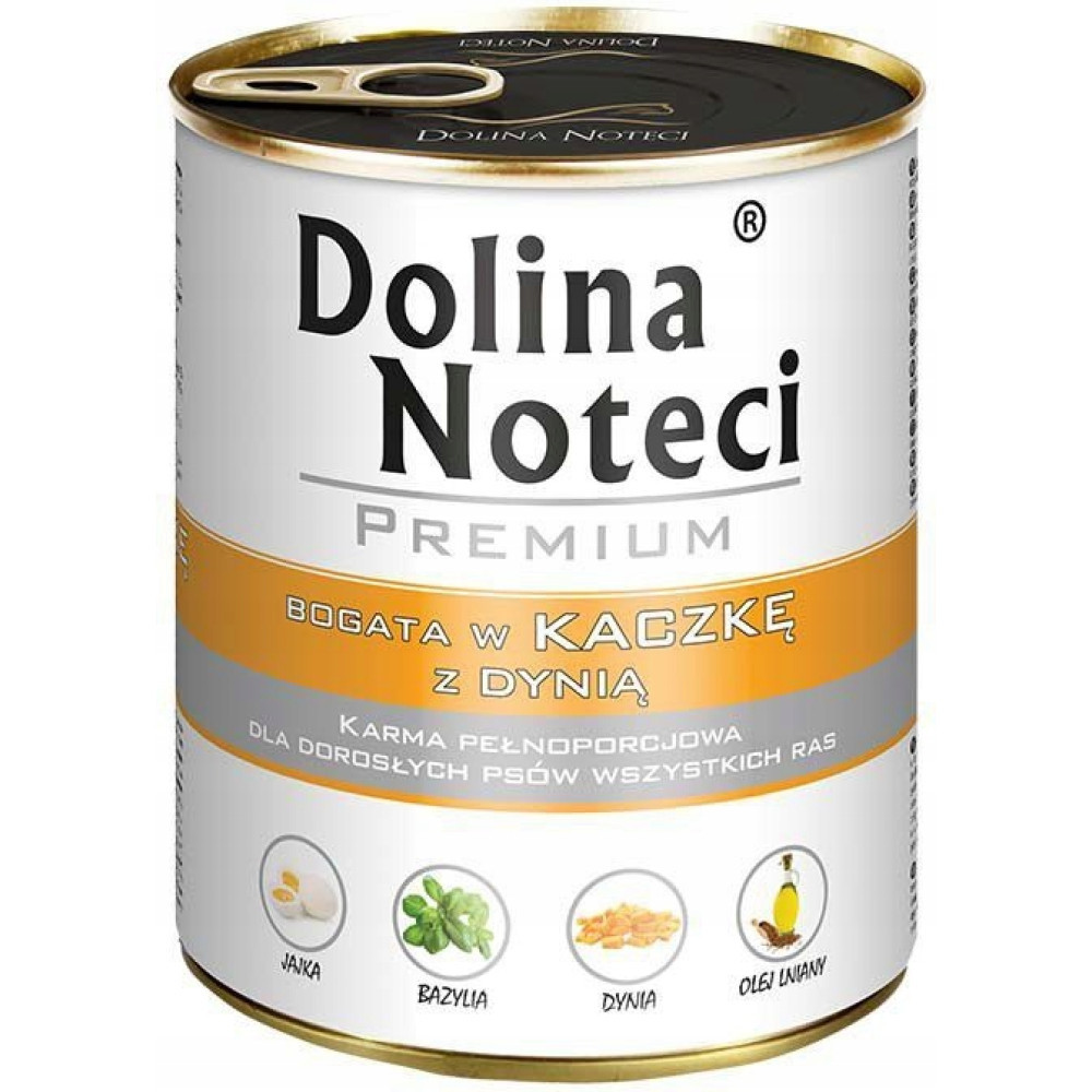 Biała puszka karma dla psa Dolina Noteci z kaczką i dynią, z ikonami składników na dole.
