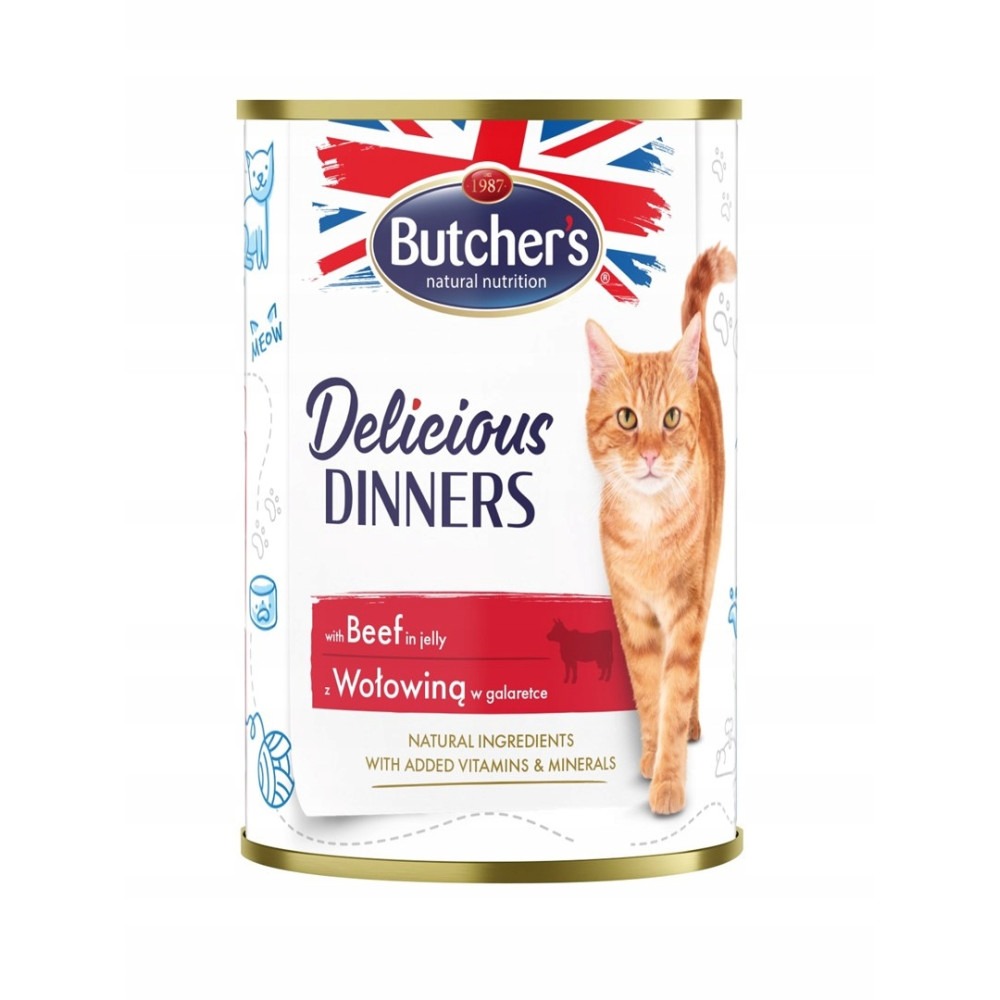 Puszka karmy dla kota Butcher's z napisem Delicious Dinners i rudym kotem.