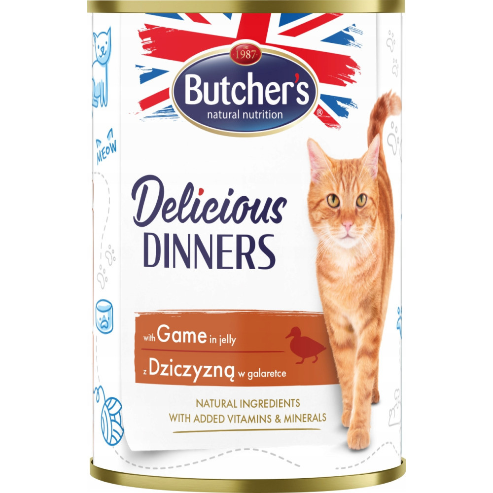Puszka karm dla kota Butcher's z rudym kotem i napisem "Delicious Dinners".