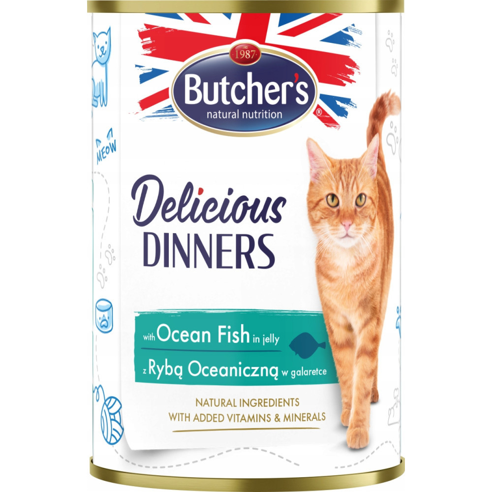 Puszka karma dla kota Butcher's z rudym kotem, napisem Delicious Dinners z rybą oceaniczną i flagą Wielkiej Brytanii.