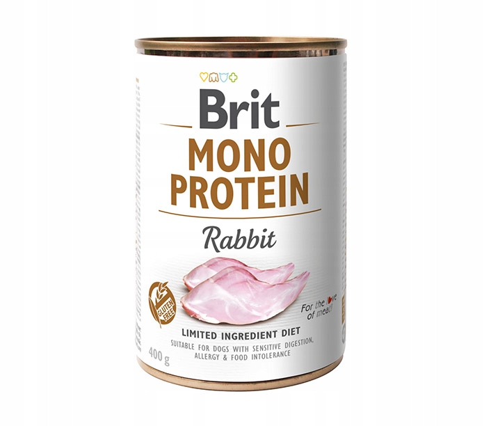 Puszka karmy dla psów Brit Mono Protein o smaku kr&oacute;lika na białym tle.