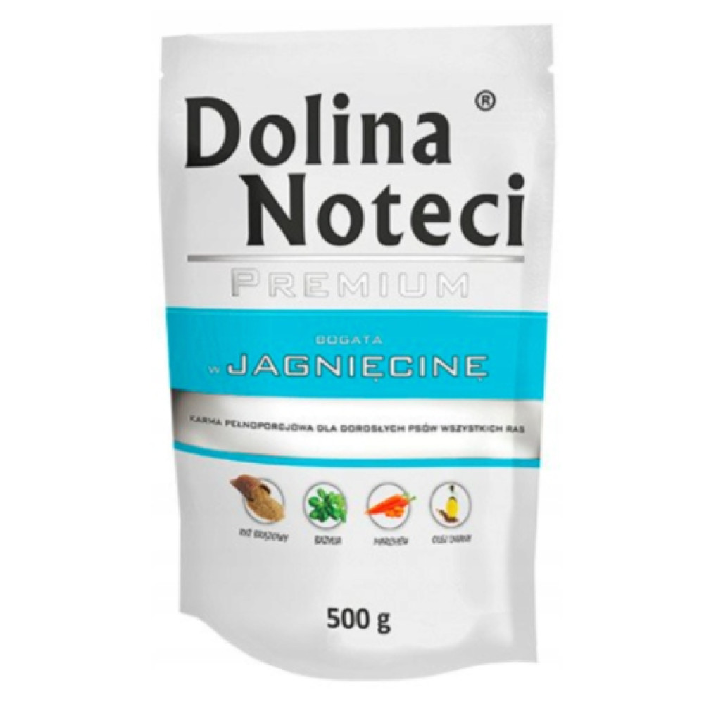 Biała saszetka karmy dla psa Dolina Noteci Premium z niebieskimi akcentami, 500g.