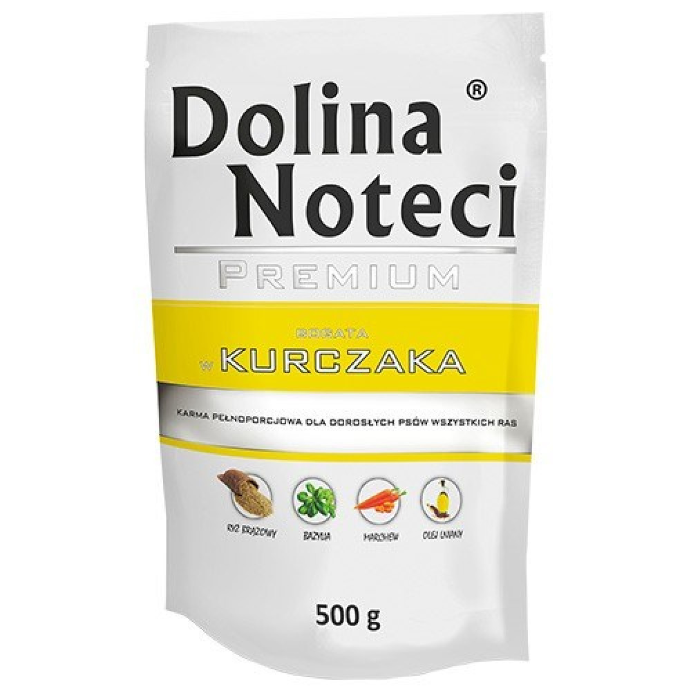Biała saszetka 500g karm dla psów Dolina Noteci Premium z kurczakiem, ryżem, bazylią, marchewką i olejem lnianym.