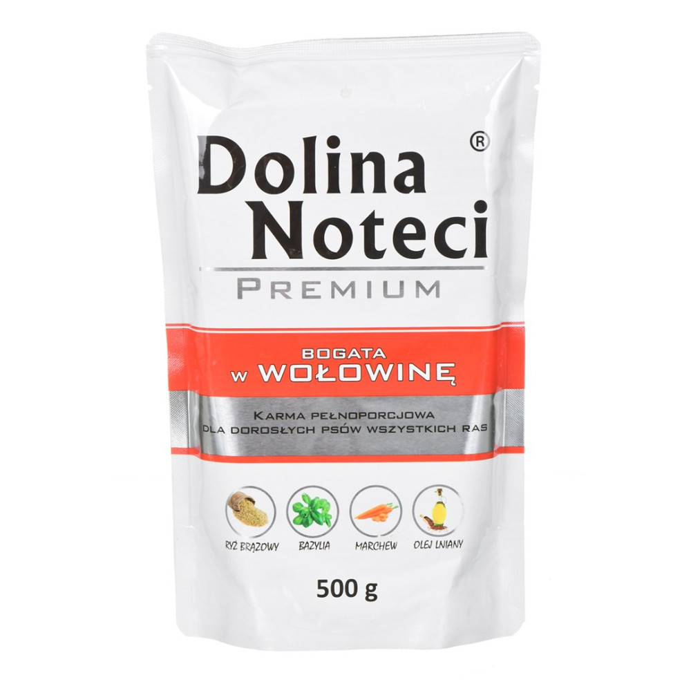 Biała saszetka 500g karm dla psów Dolina Noteci Premium z wołowiną.