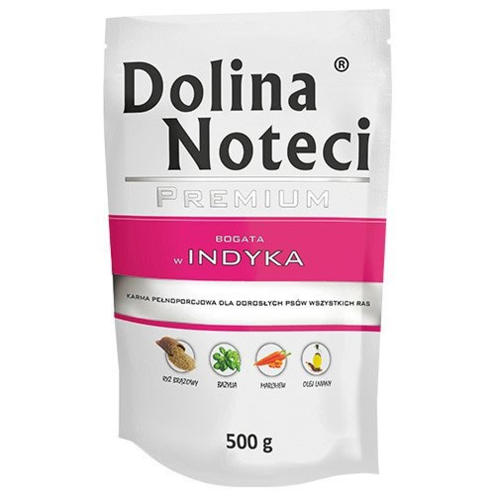 Biało-różowa saszetka karmy dla psa Dolina Noteci z indykiem i napisem 500g.