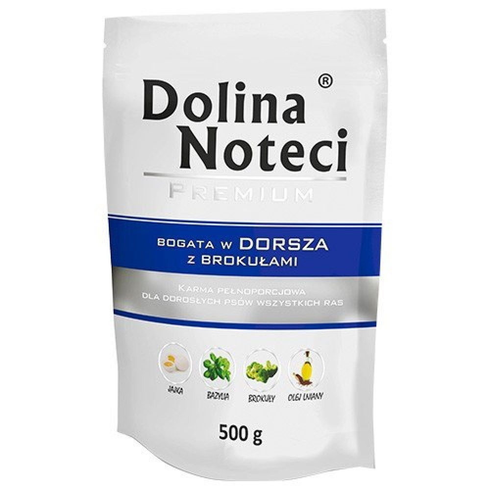 Biała saszetka 500g karma dla psów Dolina Noteci Premium z dorszem i brokułami.